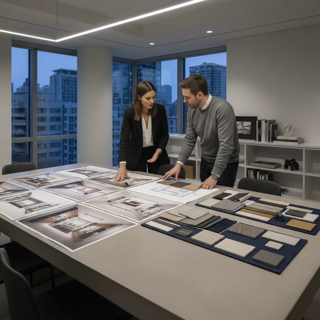 revisión de portafolio de diseño de interiores con renders y planos