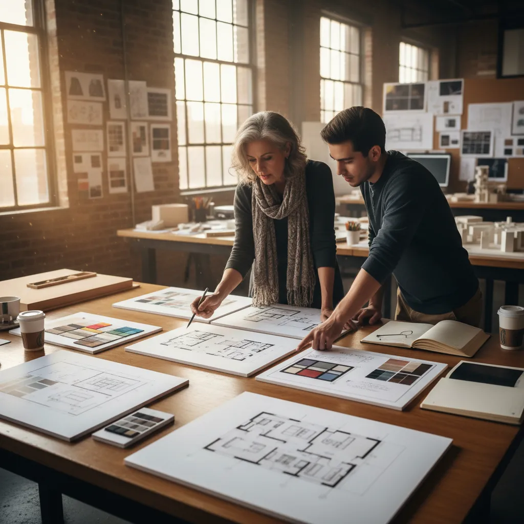 Profesor revisando portafolio de estudiante de diseño de interiores