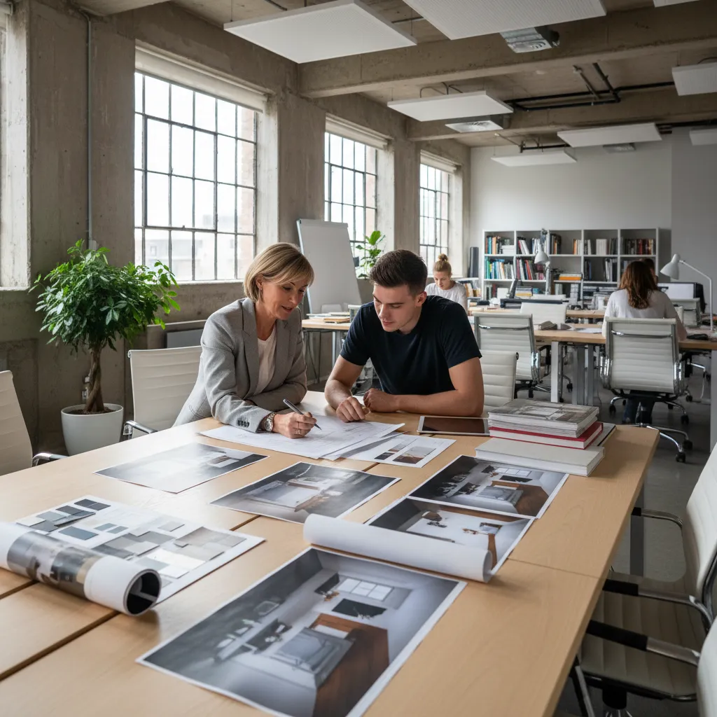Profesor revisando el portfolio de interiorismo de un estudiante