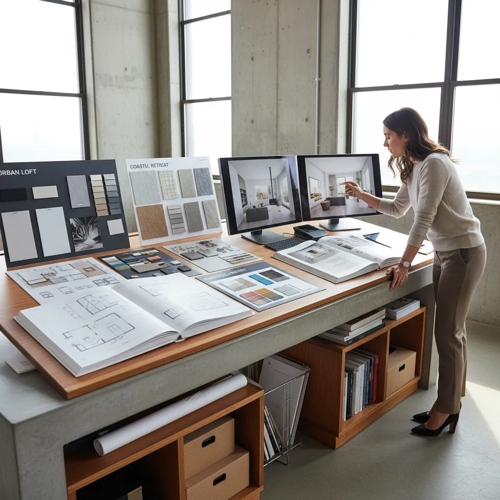 Designer reviewing material boards and room layout drawings on a large desk with computer screens