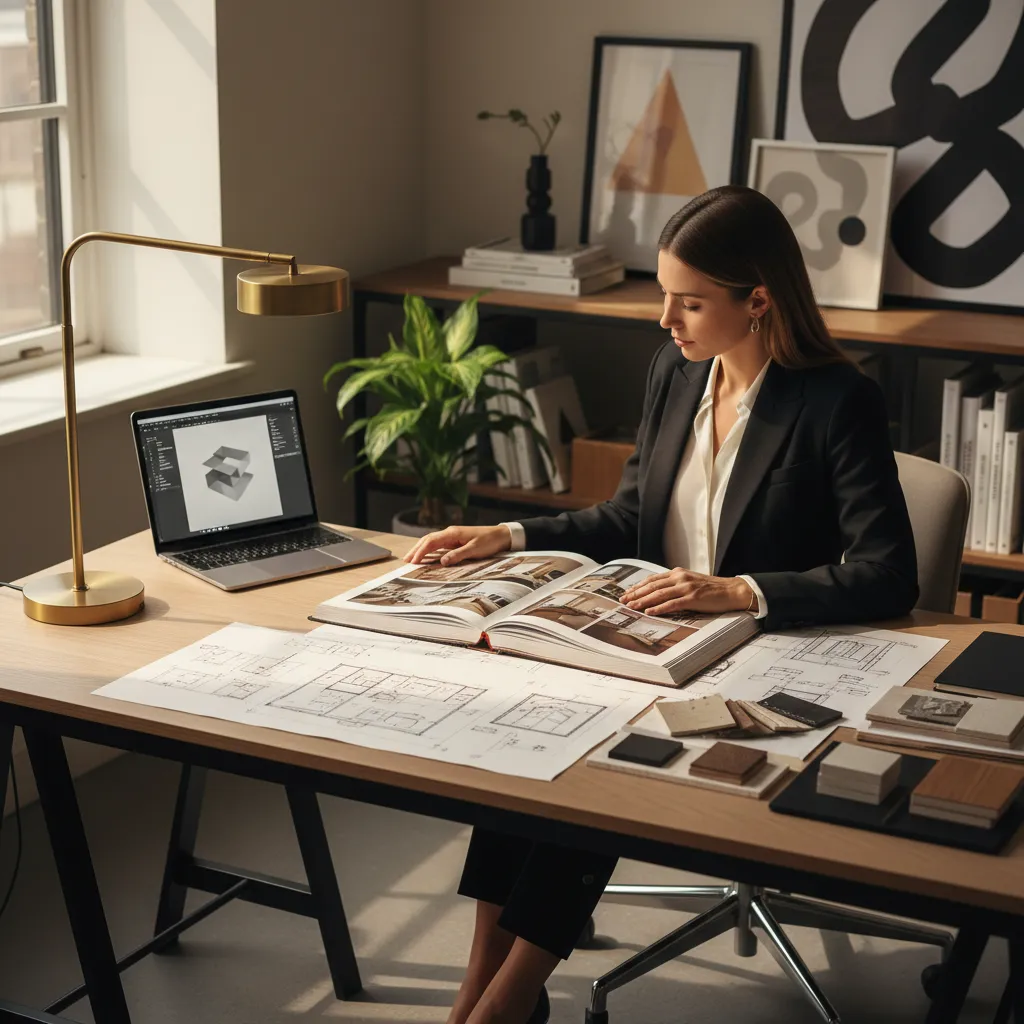 Diseñador revisando un portafolio de proyectos de interiores