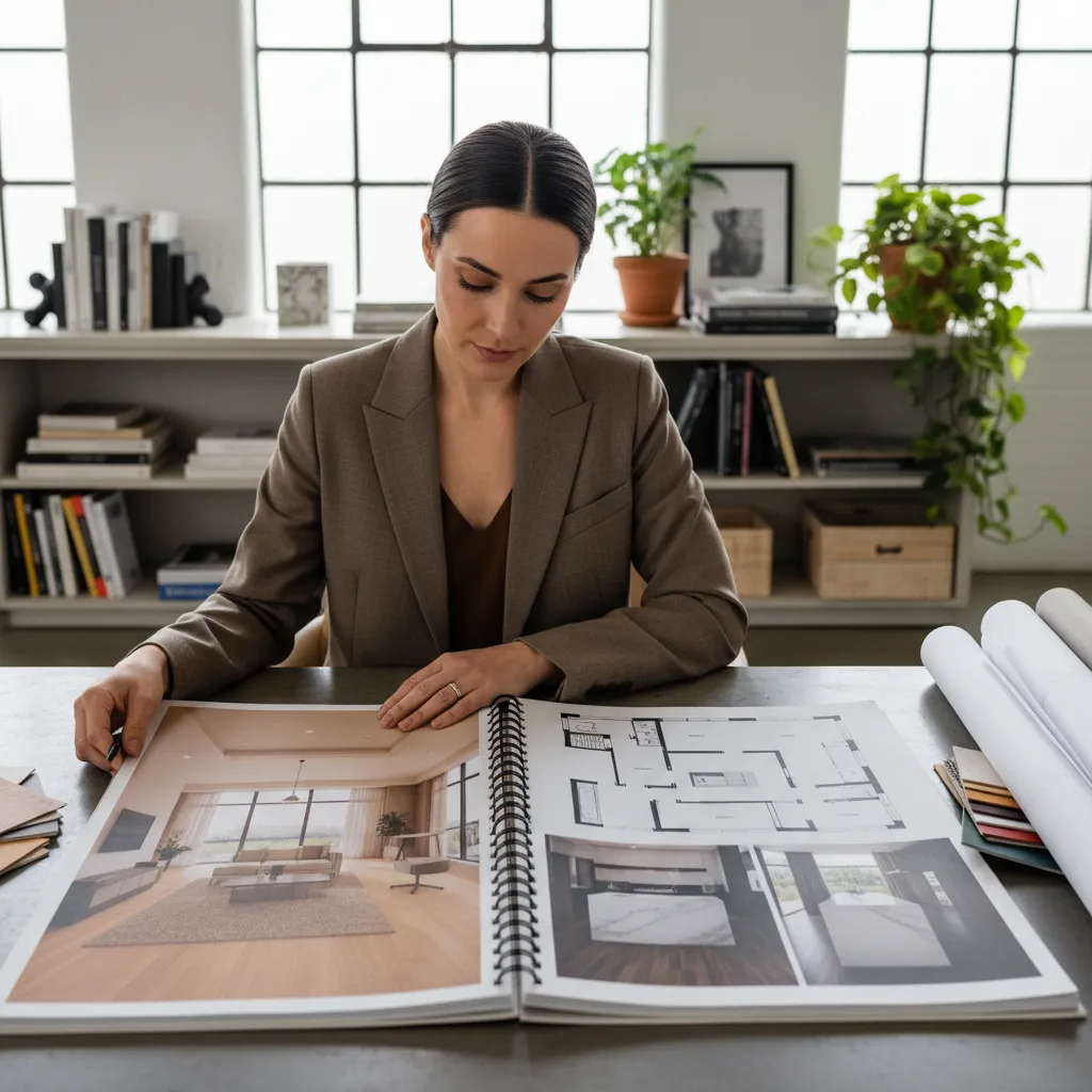 Woman at a desk reviewing a design book with floor plans and interior design drawings