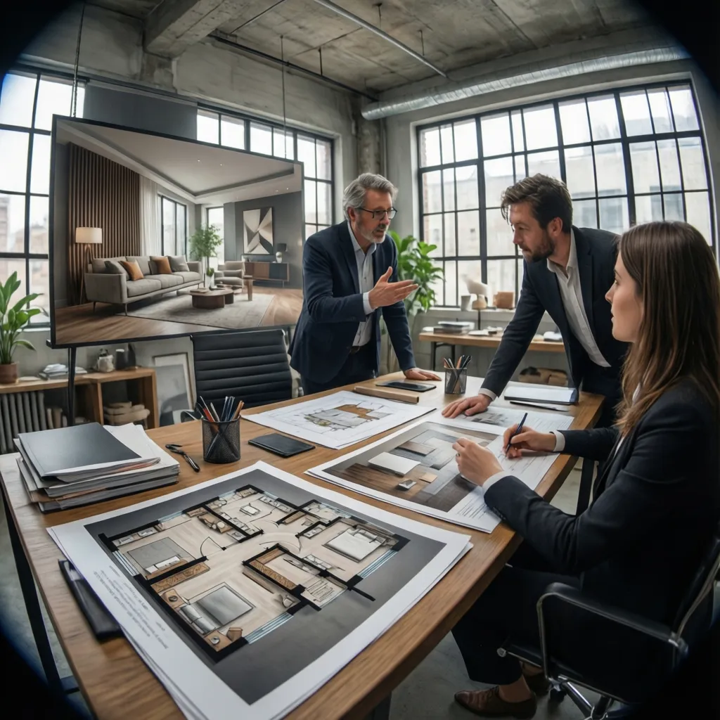 Revisión de portfolio de proyectos de diseño de interiores con renders y planos