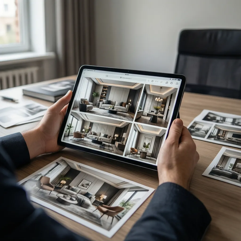 reviewing interior design portfolio with tablet showing project images