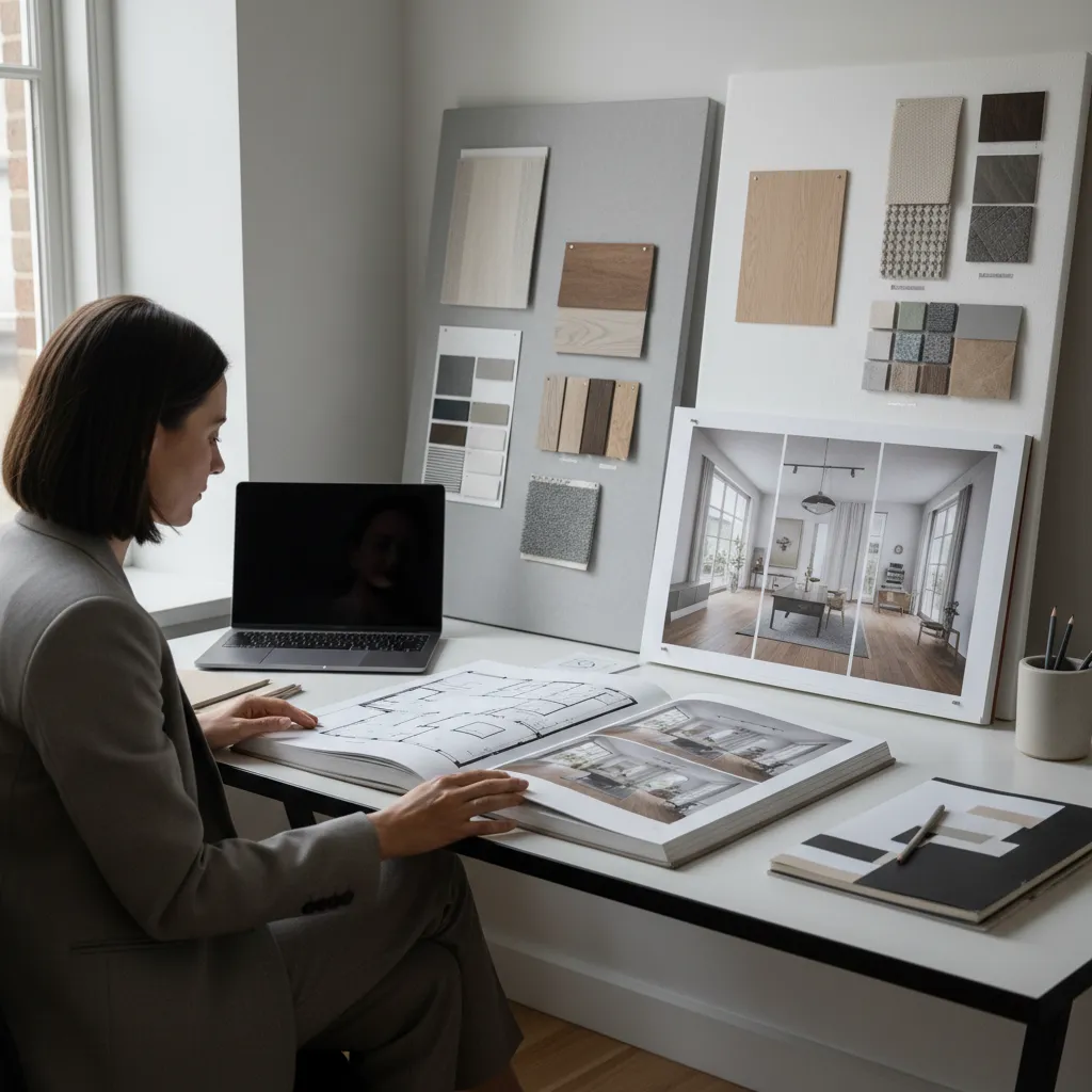 Diseñador revisando un portafolio de proyectos de interiorismo con renders y planos