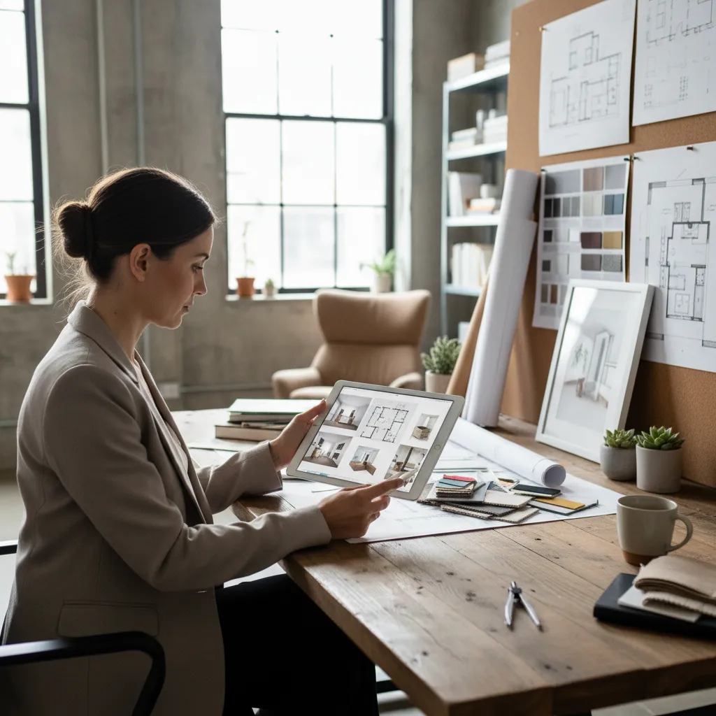 Diseñador revisando portfolio de proyectos de interiorismo