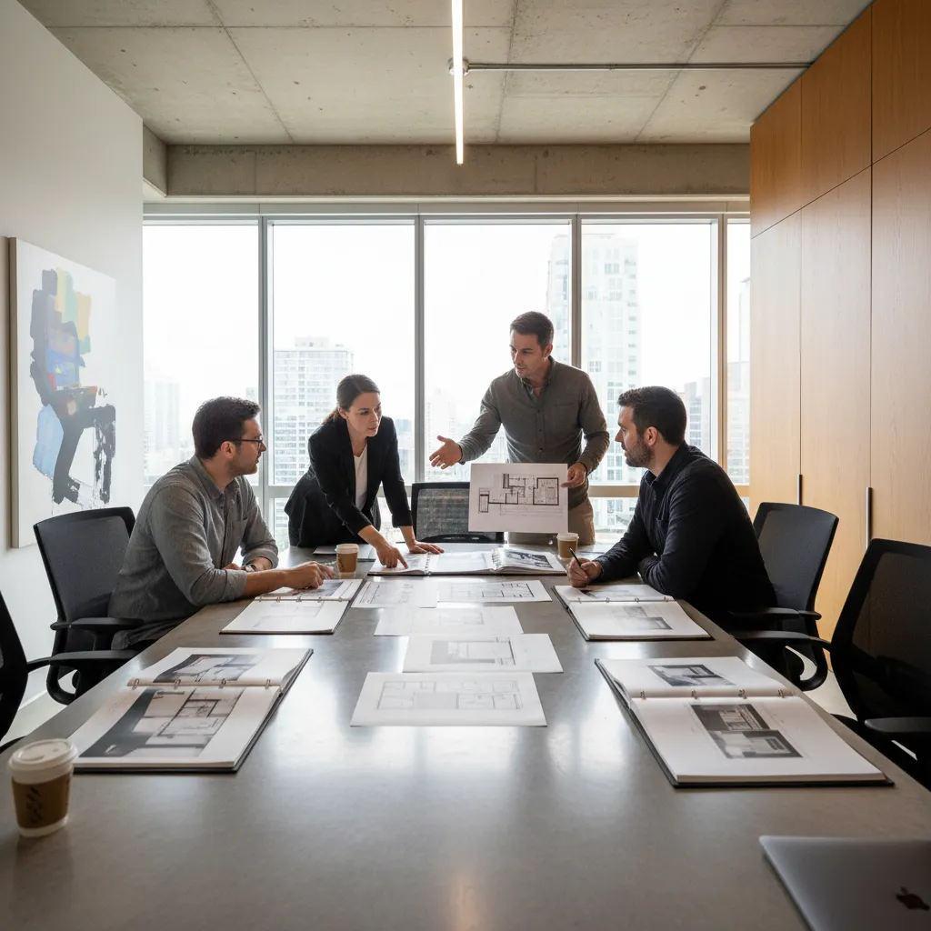 Diseñador revisando un portafolio de interiorismo en estudio de arquitectura
