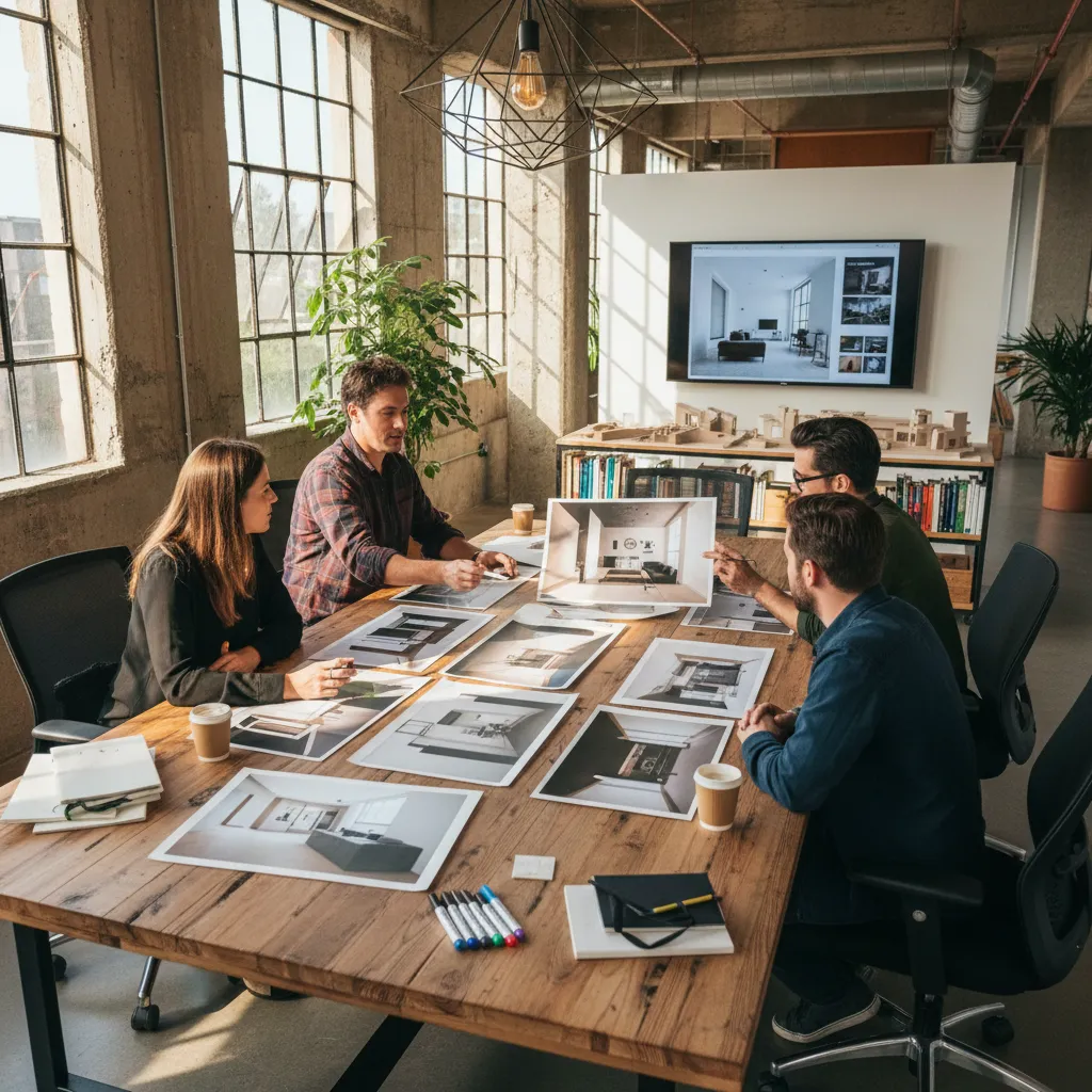 Four designers review interior design drawings on a large wooden table in a bright office