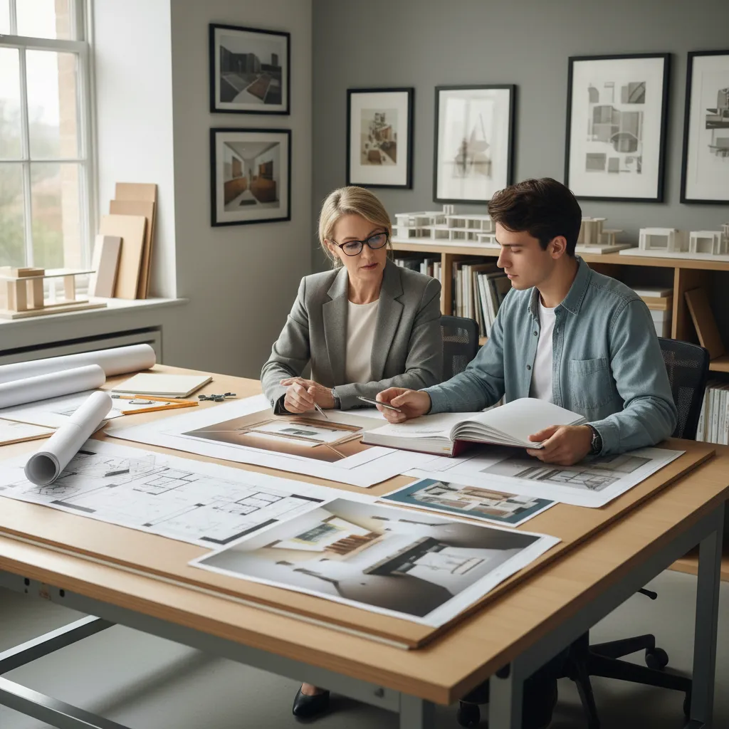Profesor revisando portafolio de diseño de interiores con un estudiante