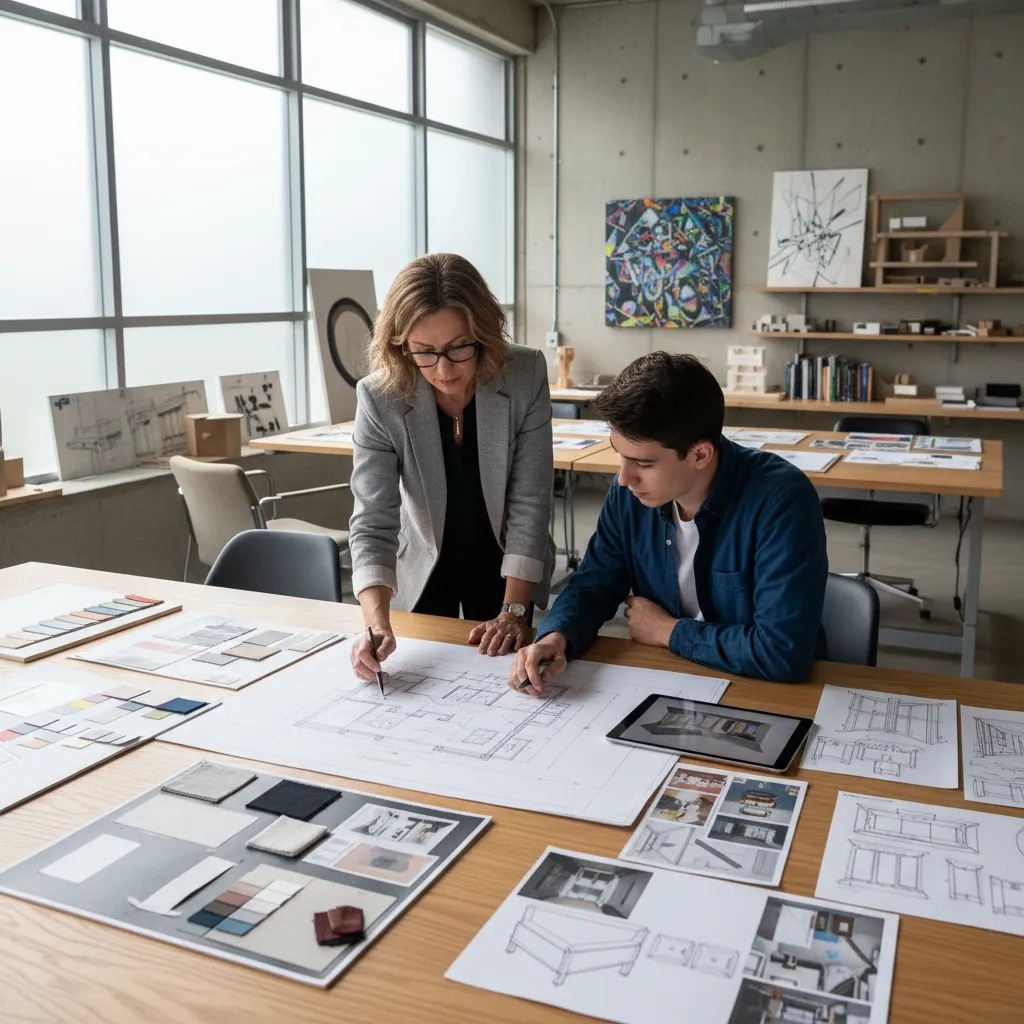 Profesor revisando el portfolio de diseño de interiores de un estudiante