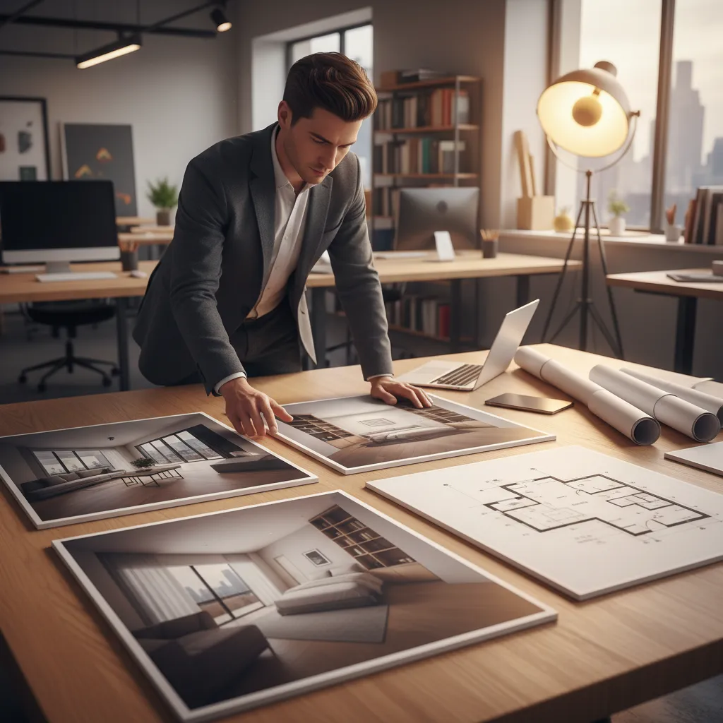revisión de portfolio de diseño de interiores con renders y planos