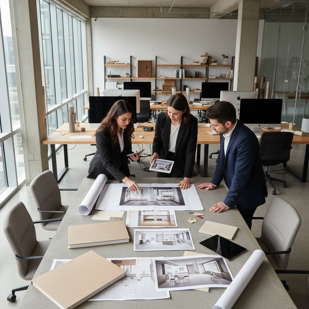 Diseñadores revisando un portfolio de proyectos de interiores