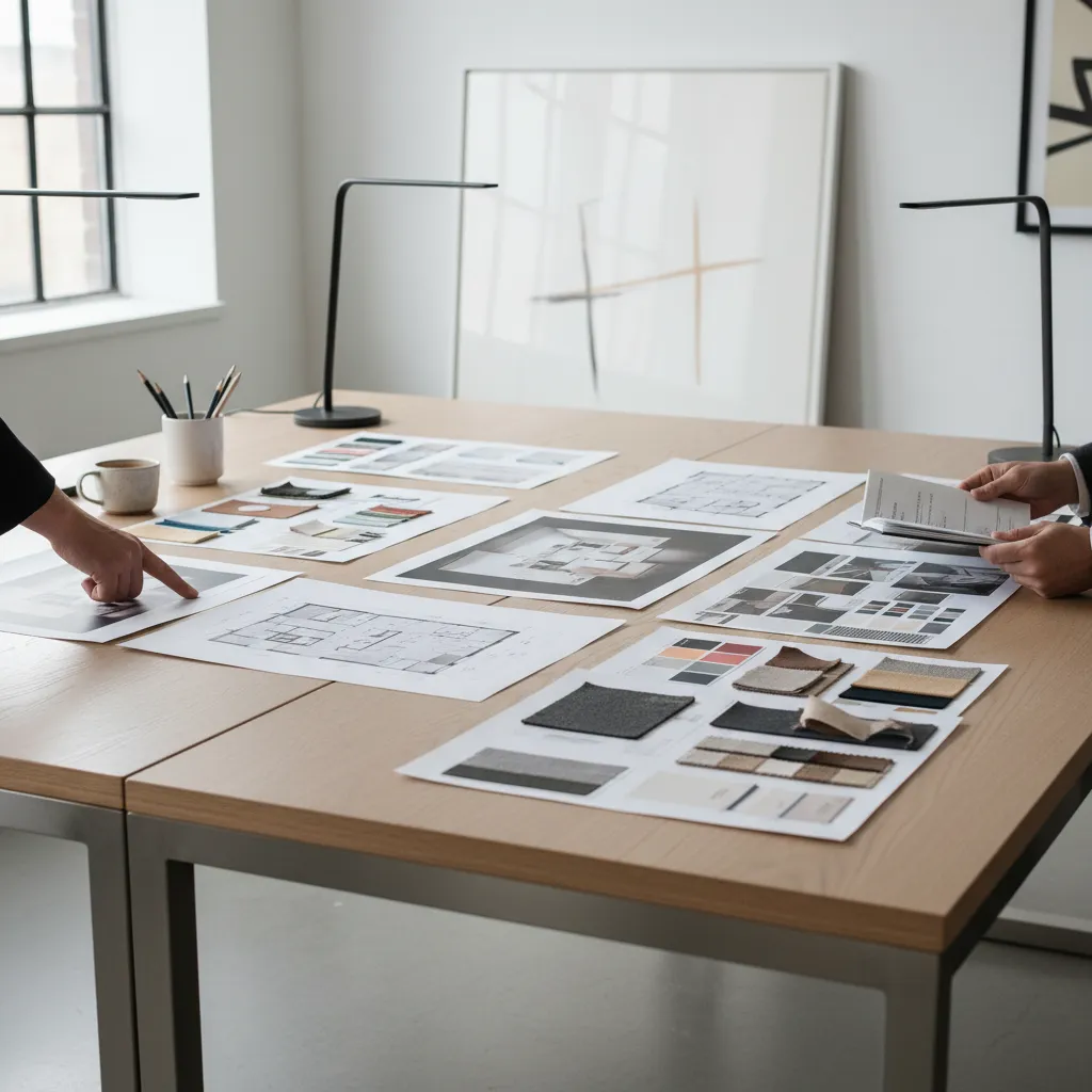 Revisión de portfolio de diseño de interiores con renders y planos impresos
