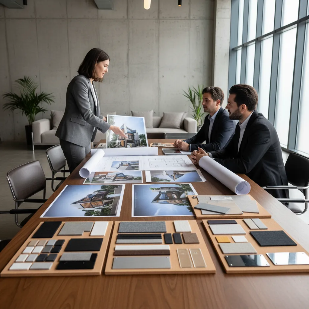 Revisión de portfolio de interiorismo con renders y planos impresos