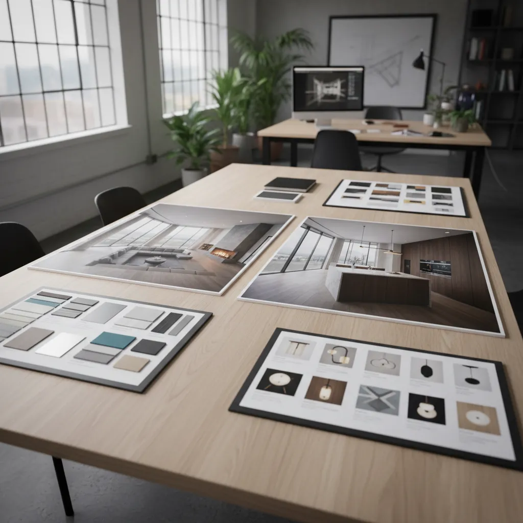 Revisión de portafolio de diseño de interiores con renders y planos