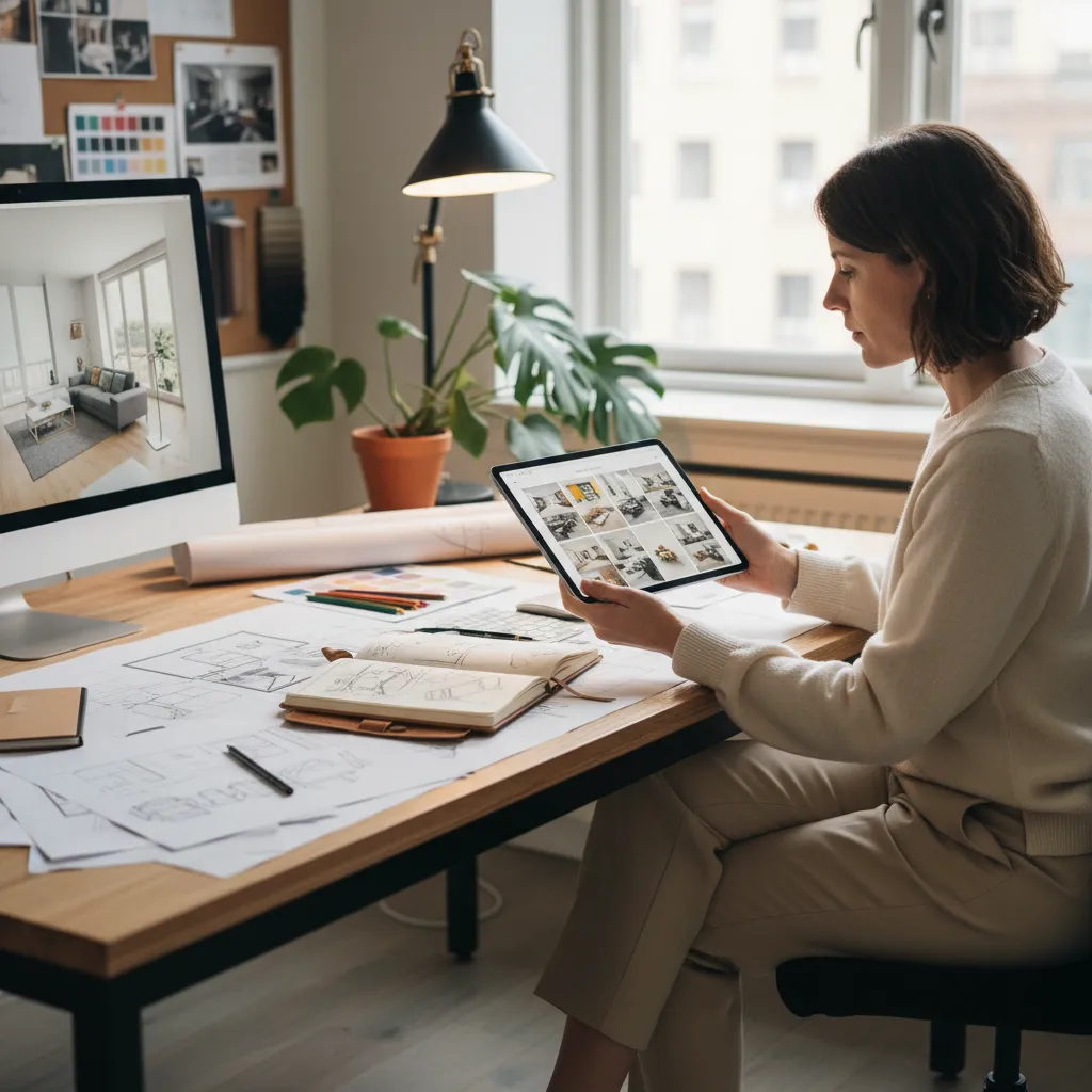 Diseñador revisando portfolio de proyectos de interiorismo en tablet