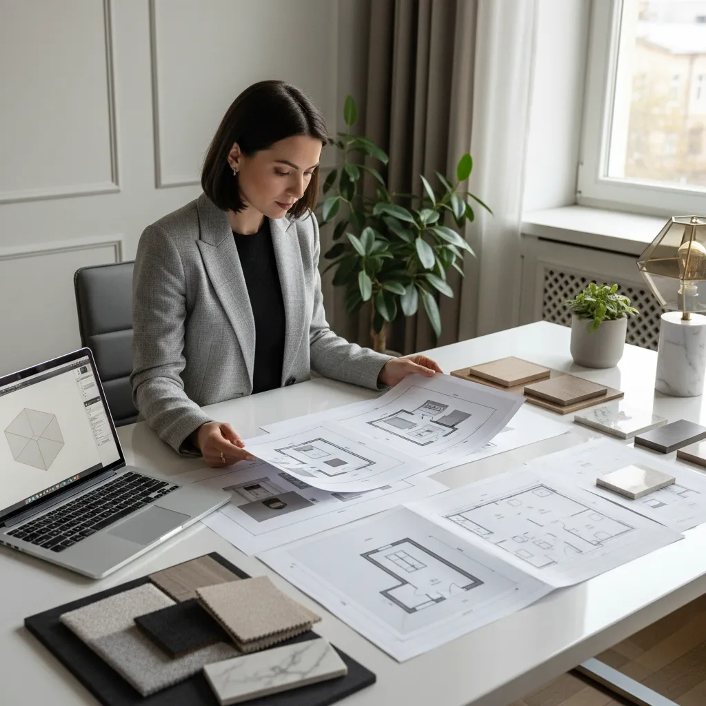Diseñador revisando un portafolio de proyectos de interiorismo en una mesa