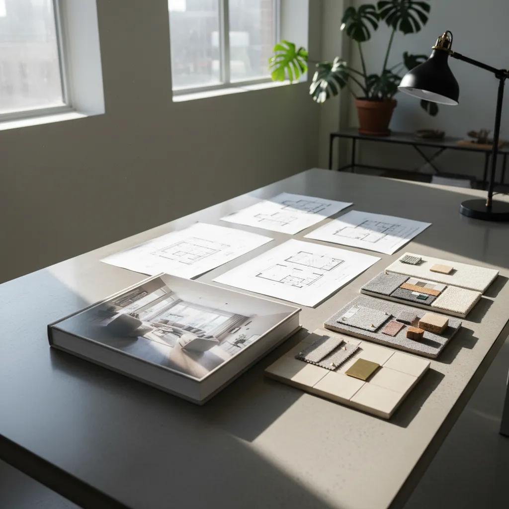 Interior design book and floor plans with material samples on grey desk by the window