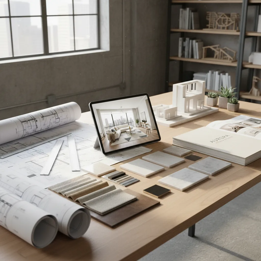 Interior design portfolio with mood boards floor plans and 3D renderings on a desk