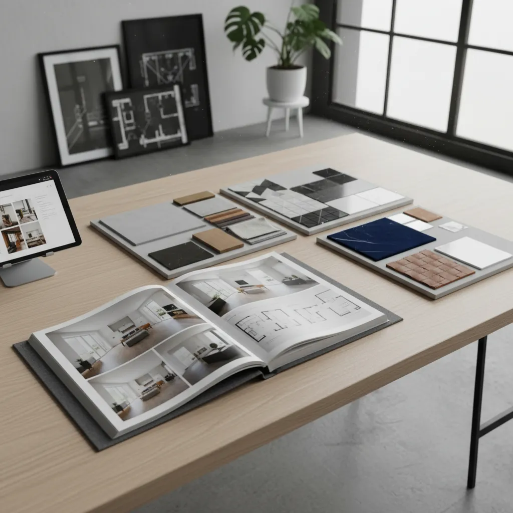 Revisión de portafolio de diseño de interiores con renders y planos