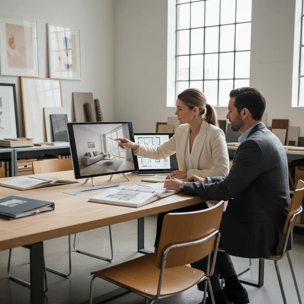 Two designers sitting at table reviewing living room design on screen with floor plan books