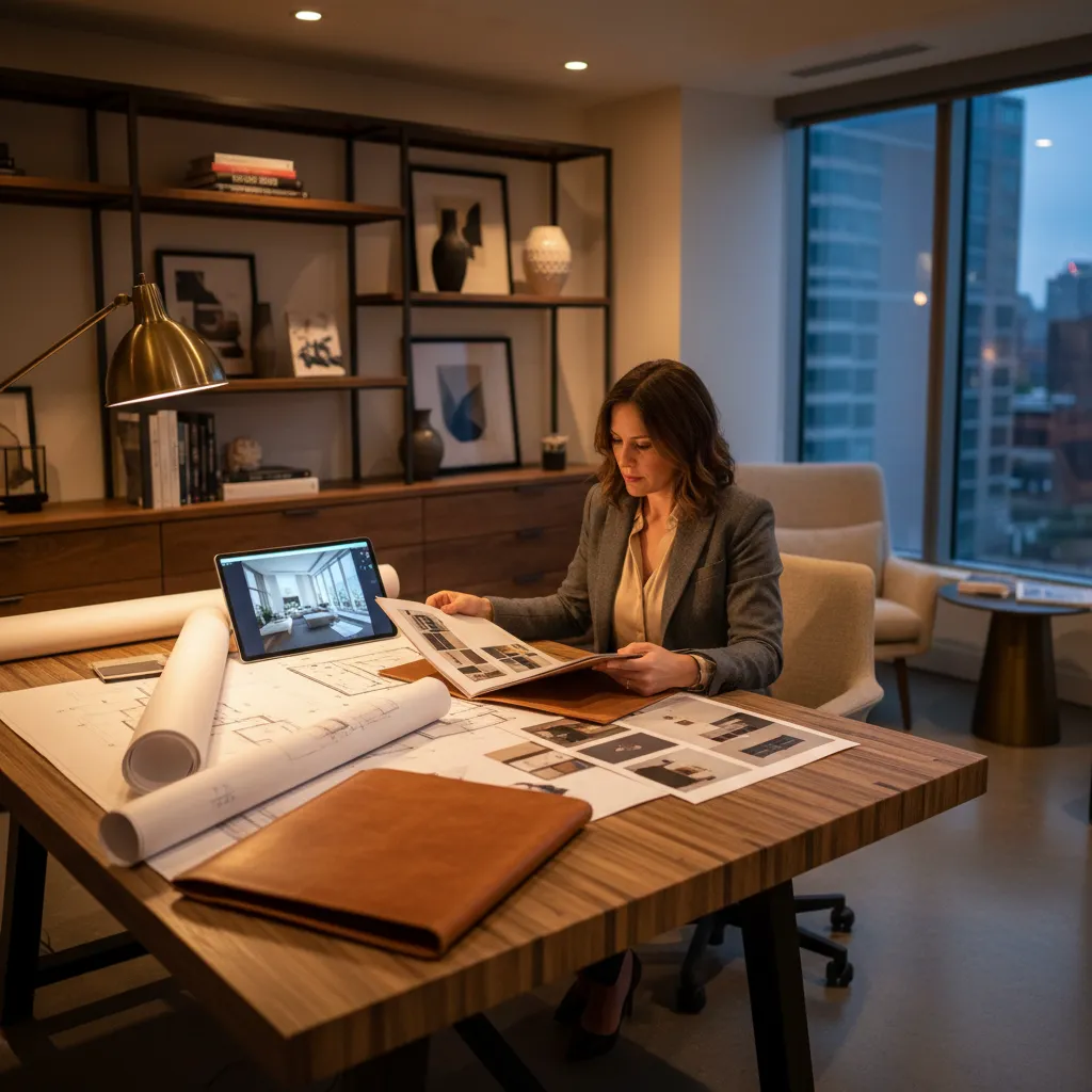 Diseñador revisando un portfolio de proyectos de interiorismo