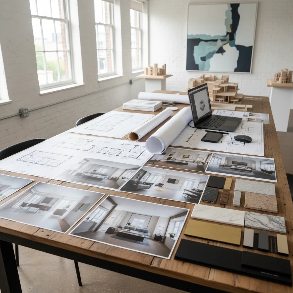 Wooden table with printed interior design drawings material samples laptop and rolls of white paper