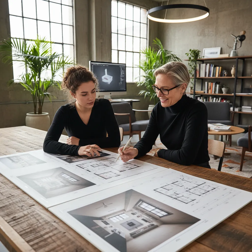 estudiante revisando portafolio de proyectos de diseño interior