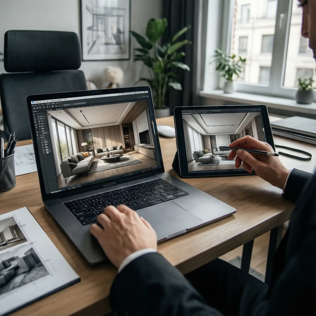 Diseñador revisando portafolio de proyectos de interiores en laptop y tablet