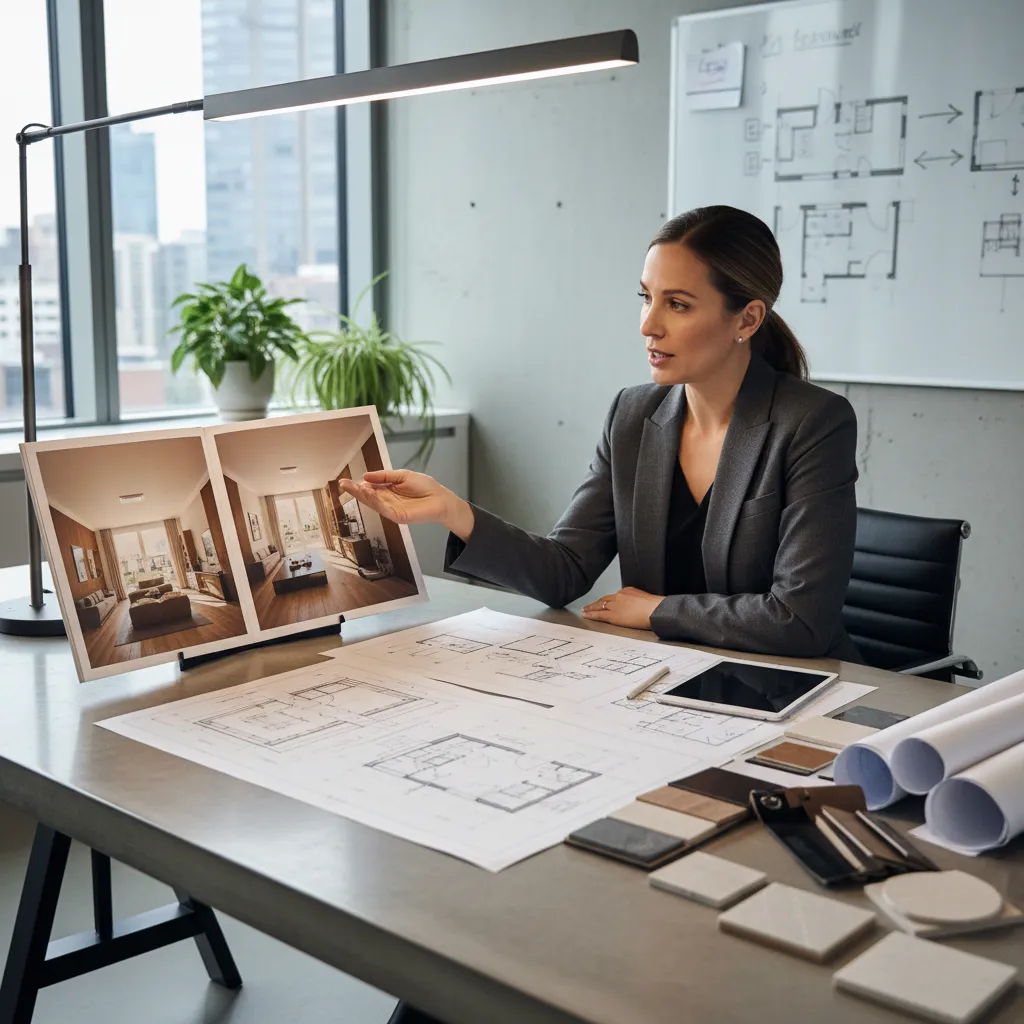 Diseñador revisando un portafolio de proyectos de interiores