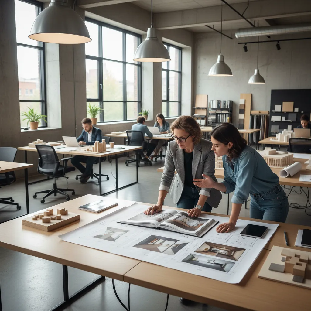 Two interior designers reviewing a portfolio book and floor plan drawings in a modern studio