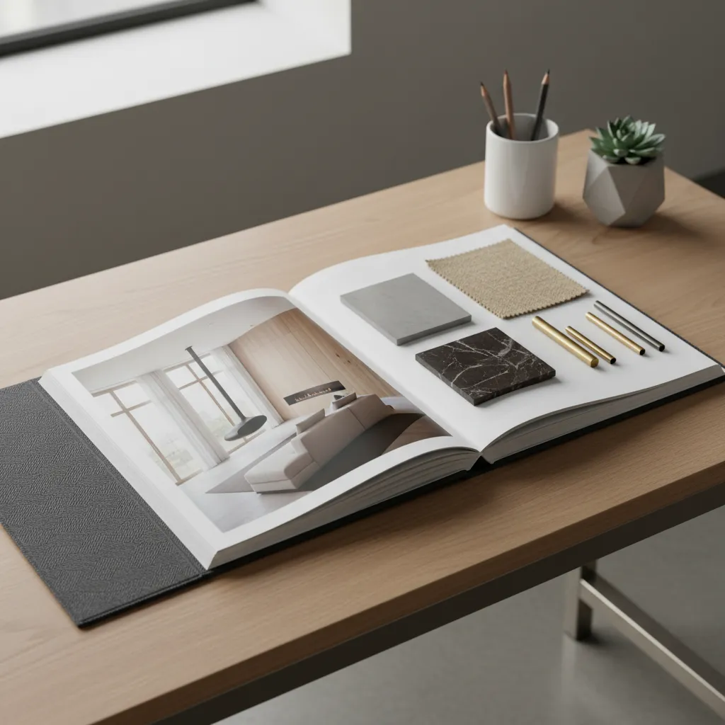 Interior design portfolio book on wooden desk showing living room scene and several material samples