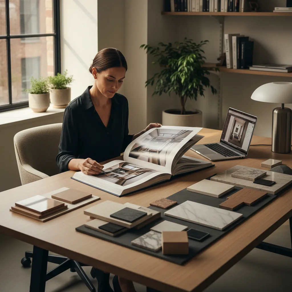 Diseñador revisando portfolio de proyectos de interiorismo