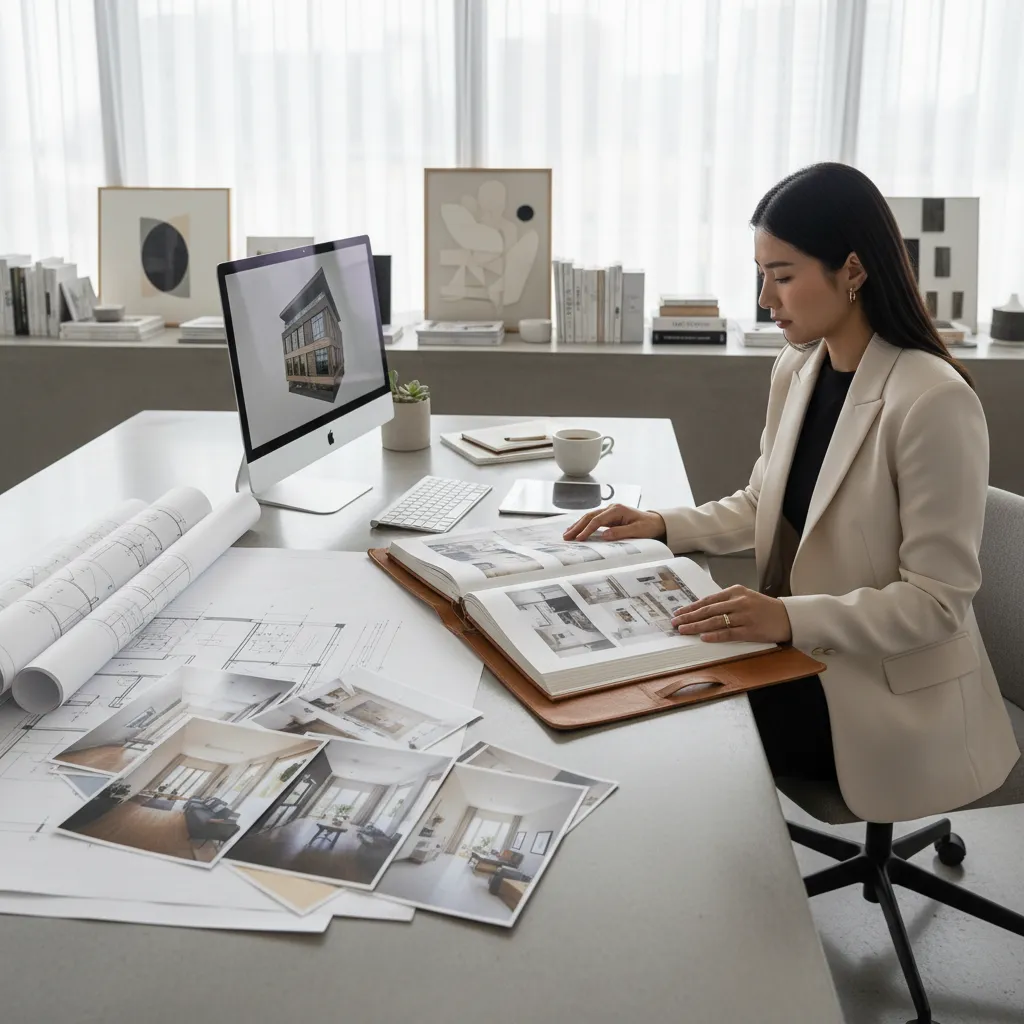 interior designer reviewing printed portfolio with project photos and floor plans