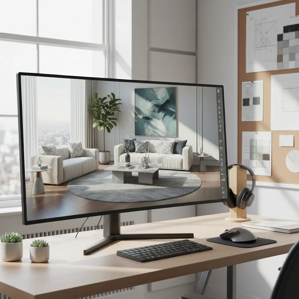 photorealistic interior design render displayed on designer workstation
