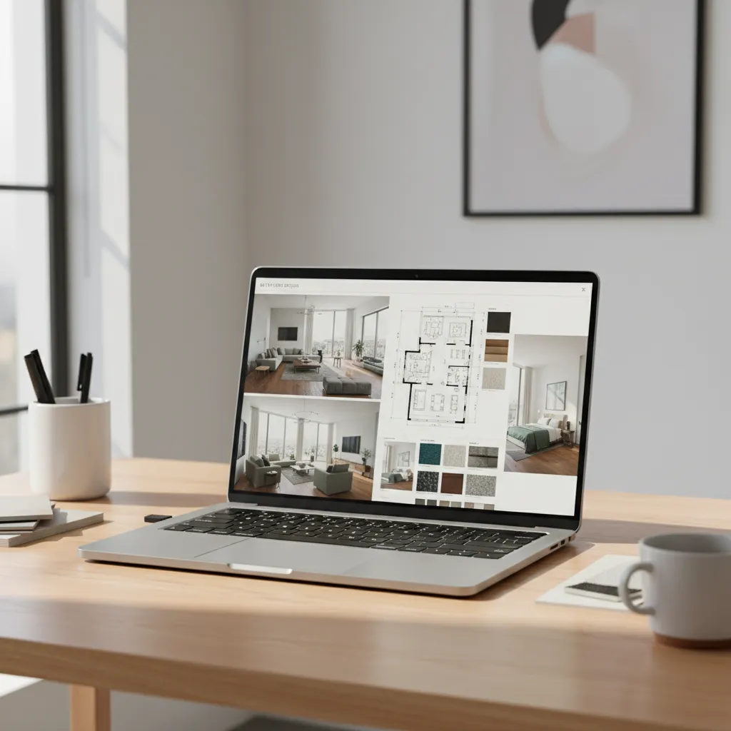 Laptop on wooden desk showing room layout plus modern interior design drawing and color swatches