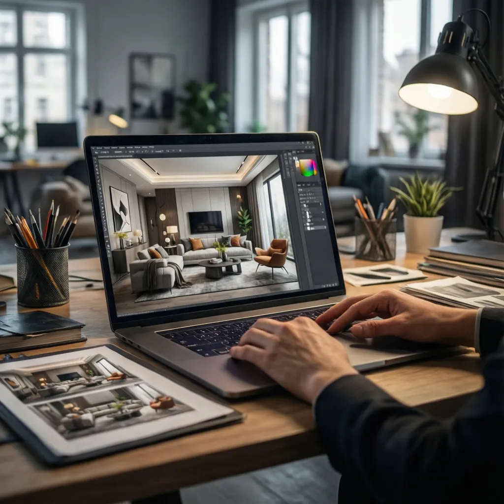 Hands typing on laptop showing modern living room design with sofa and table light fixture