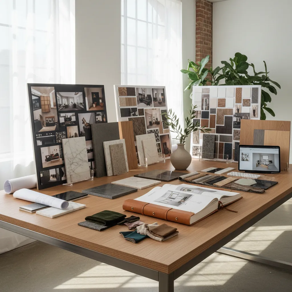 Mesa con portafolio de proyectos de diseño de interiores y muestras de materiales