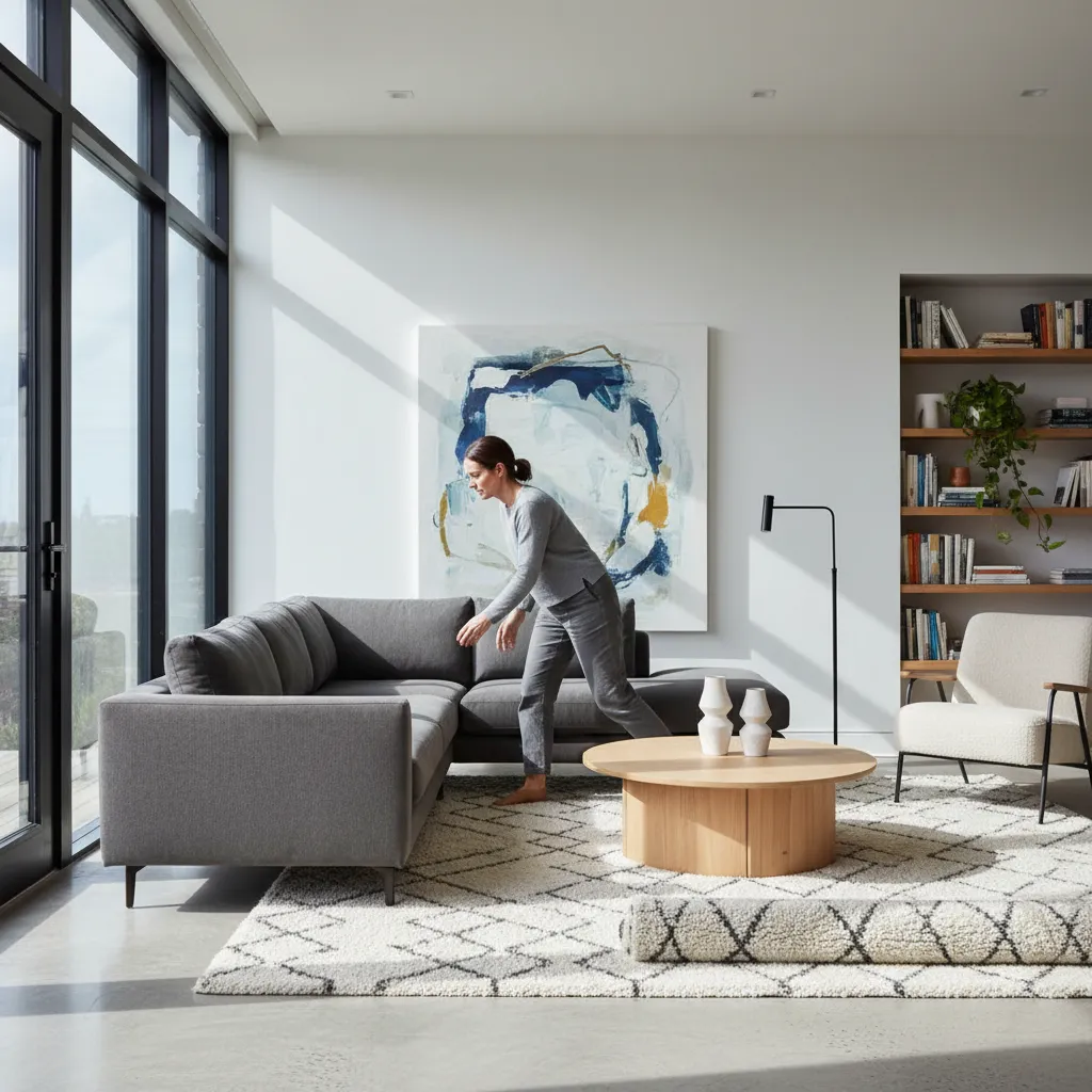 Persona reorganizando muebles en un salón para practicar diseño de interiores