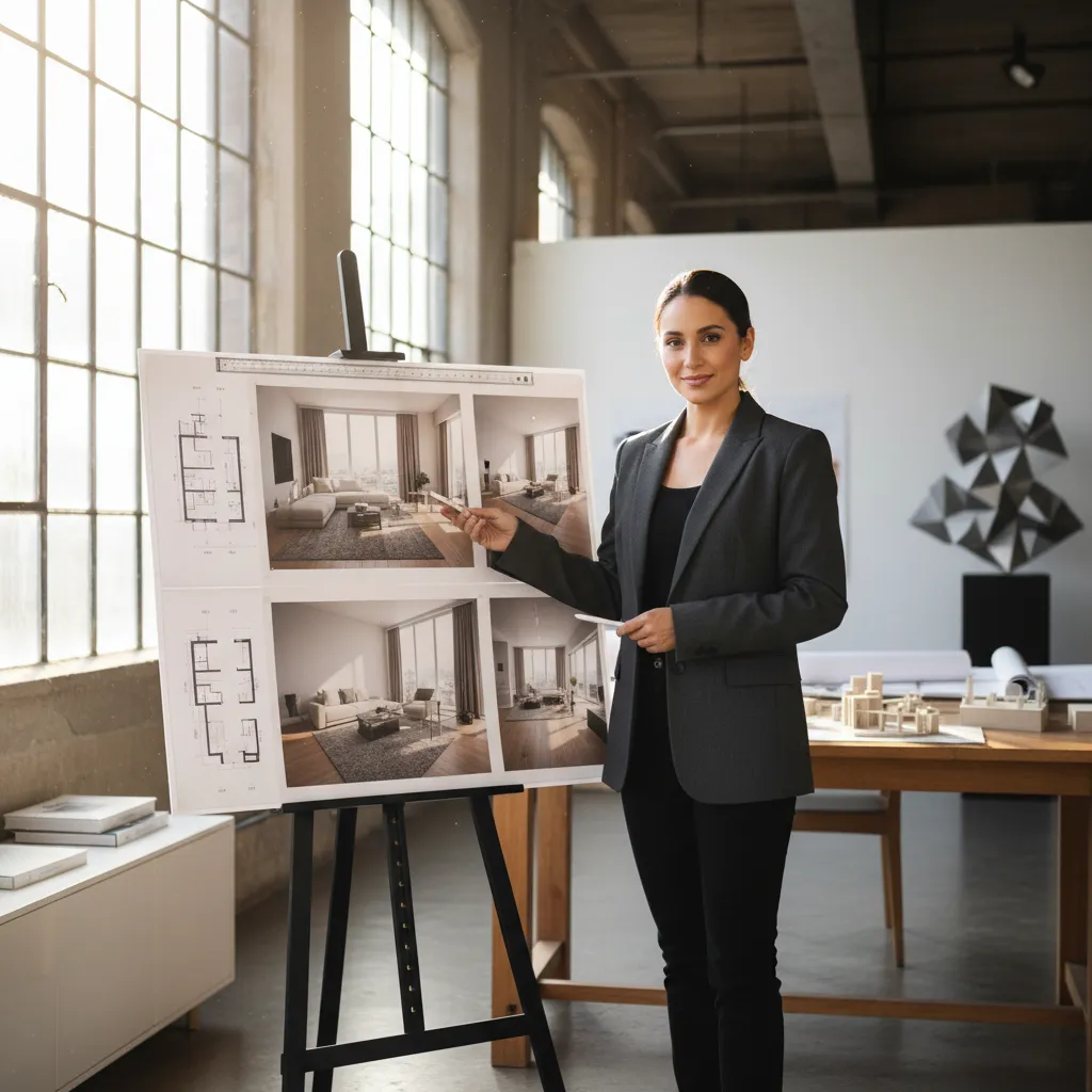 Diseñador presentando un proyecto de interiorismo con planos y renders