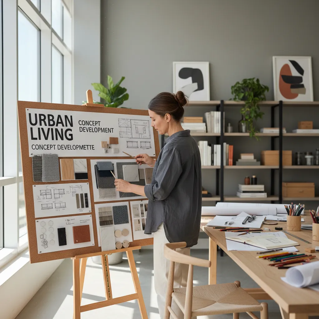 Diseñador revisando panel de presentación de interiorismo con títulos tipográficos