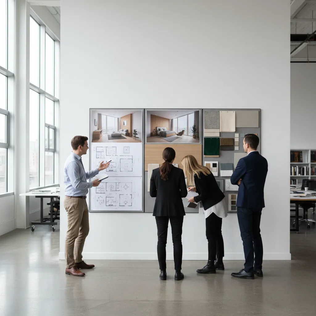 Design team discussing floor plans and room layouts on a large presentation wall in office