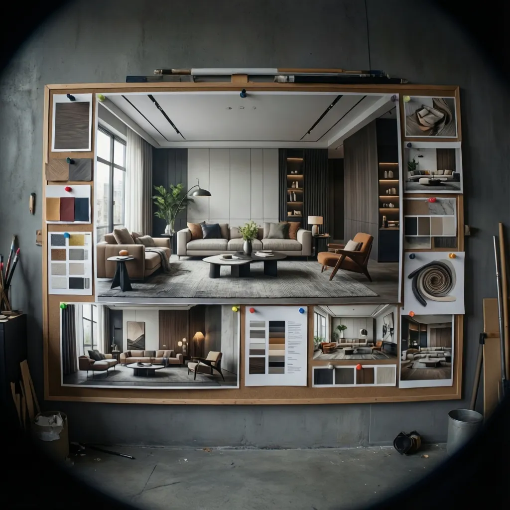 interior design presentation board with materials palette and room render