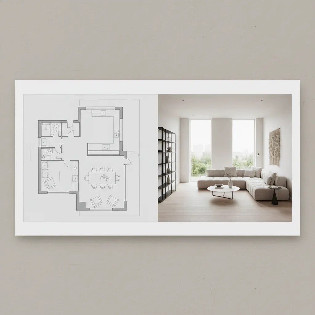 Ejemplo de lámina de presentación de diseño de interiores con plano y render principal