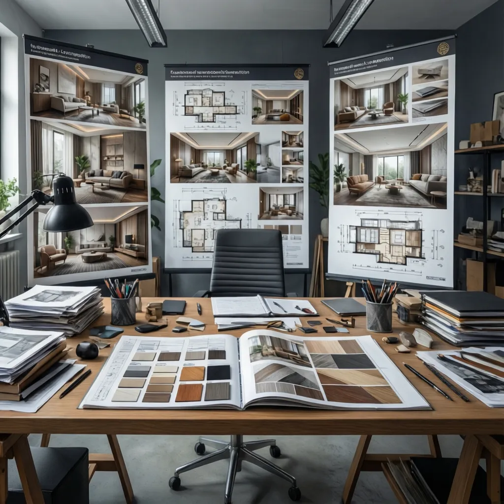 Paneles de presentación de proyecto de diseño interior con planos y renders