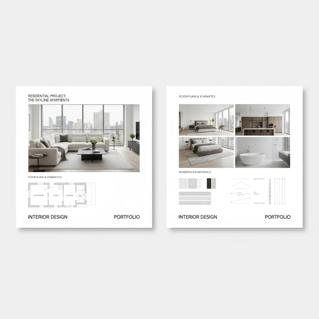 Two interior design portfolio pages featuring room layout drawings renders of bedroom kitchen and bathroom