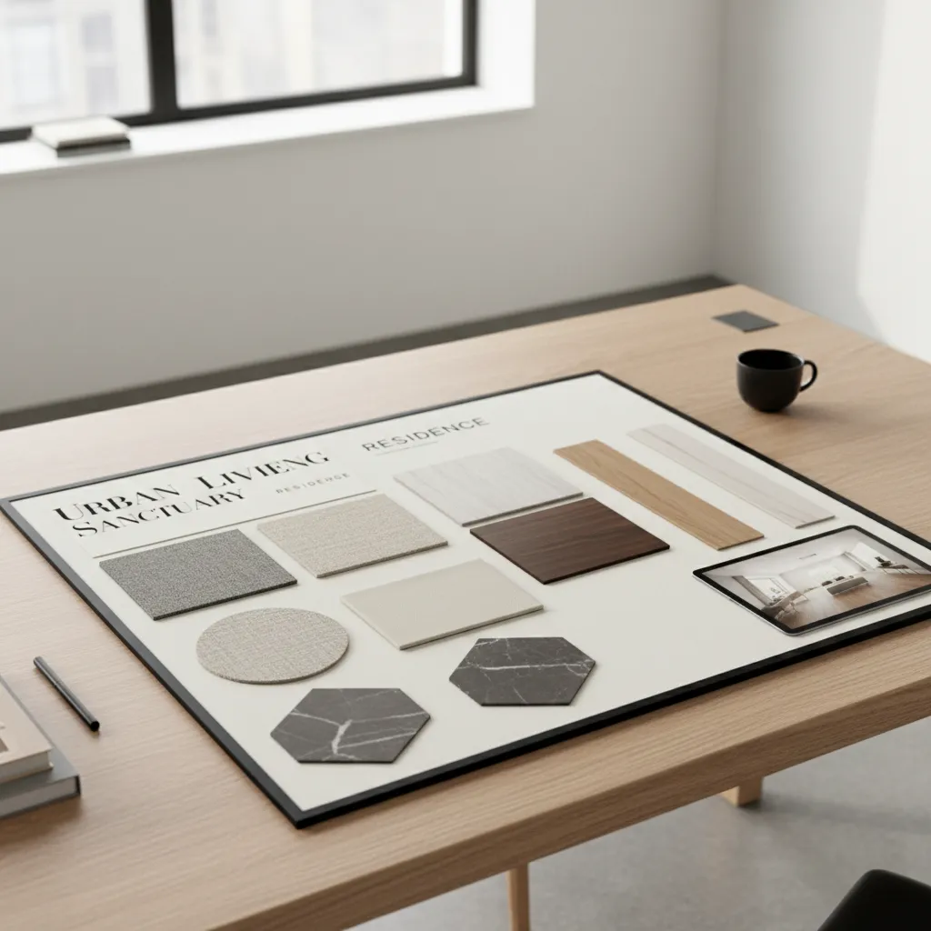 Panel conceptual de interiorismo con muestras de tipografía y materiales