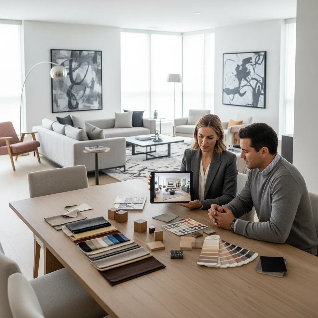 Decorador mostrando un proyecto de salón a un cliente en una tablet