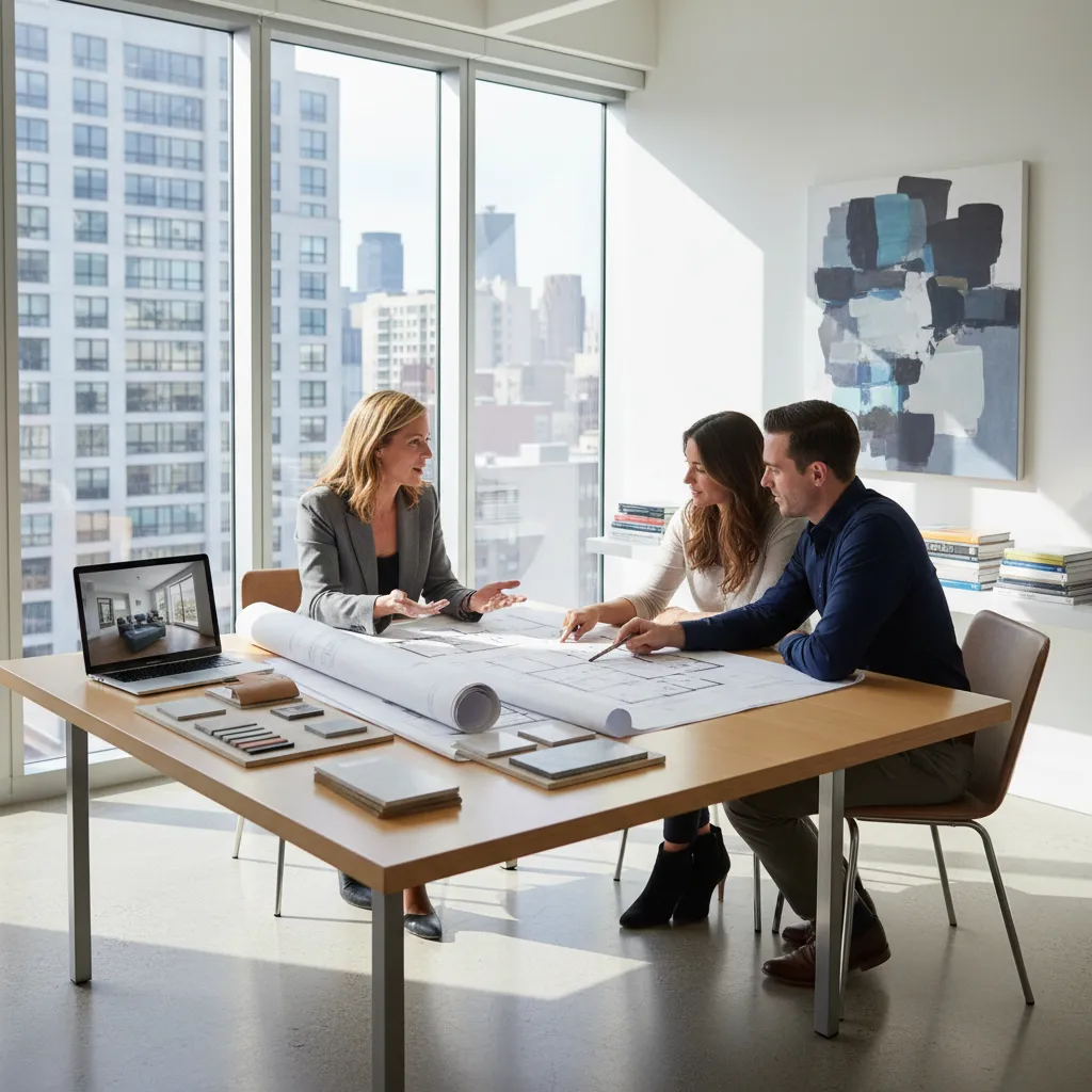 Three people sitting at a desk discussing a paper floor plan with large city windows