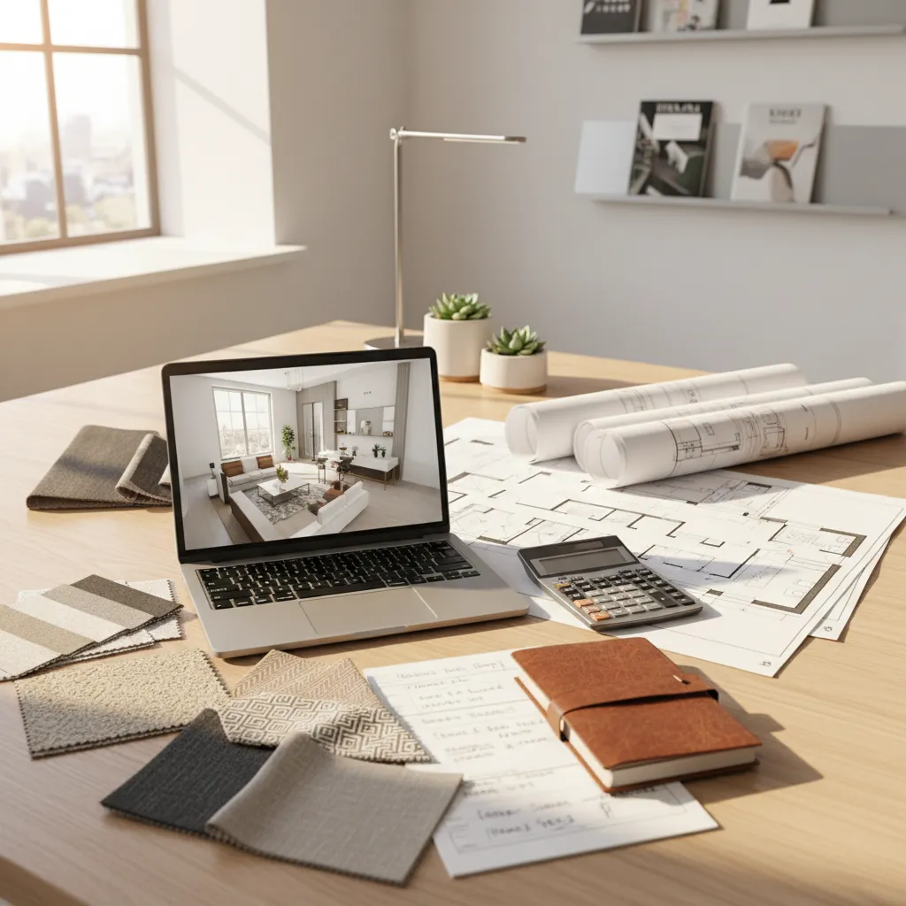 Workspace showing design pricing documents sketches and laptop with design software